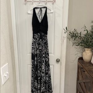Elegant Black and White Halter Maxi Dress